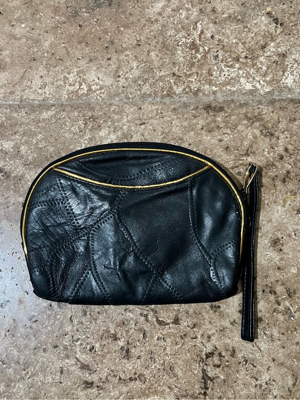 Vintage Black Patchwork Gold Trim Wristlet Cosmetic Bag